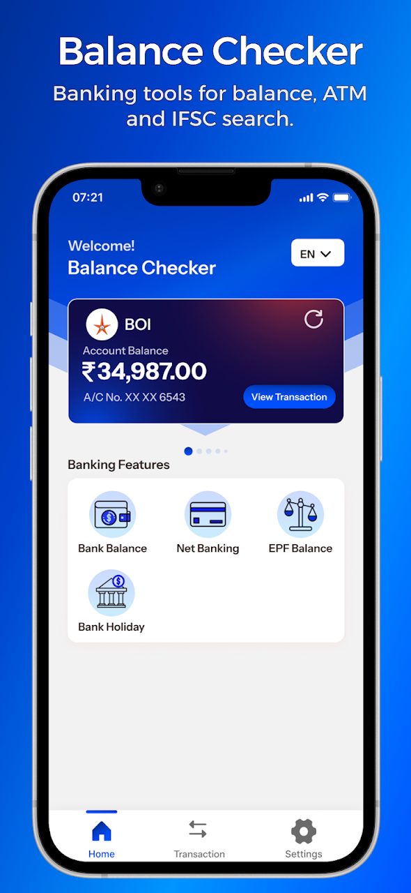 App home screen showing bank list and balance check options